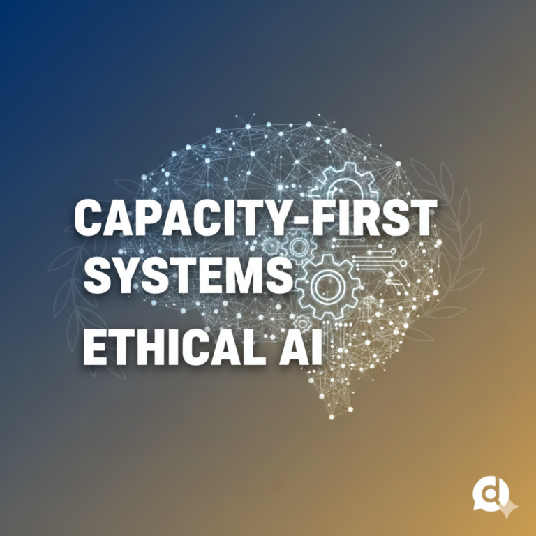 Digital illustration of a brain with interconnected nodes and gears, overlaid with the text "CAPACITY-FIRST SYSTEMS ETHICAL AI," highlighting Ethical AI within Capacity-First Systems, and a small logo in the bottom right corner.