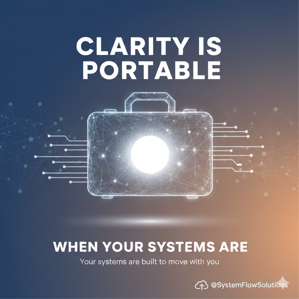 A digital illustration of a glowing suitcase with circuit-like lines, captioned "Clarity is portable when your systems are," promoting adaptable systems.