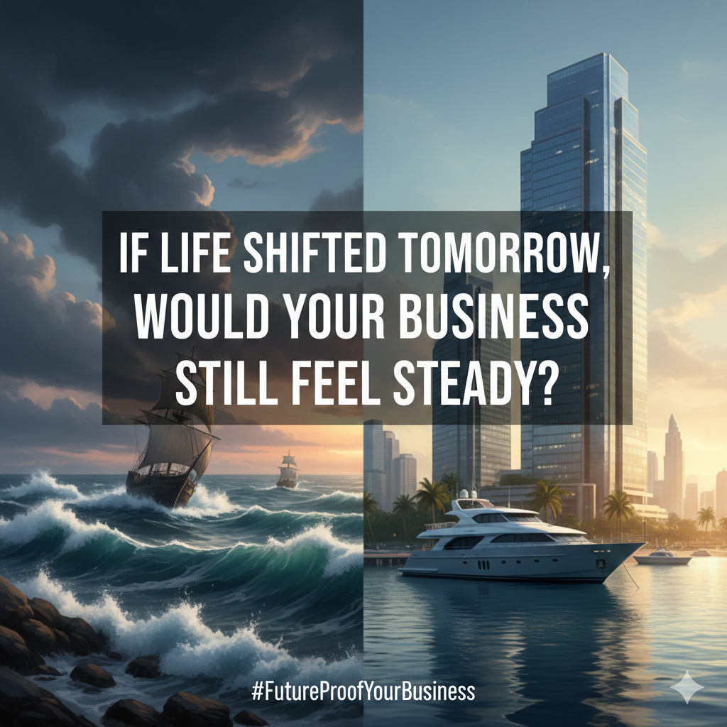 A split image of a stormy sea with a sailing ship on the left and a calm marina with a yacht and modern skyscraper on the right, highlighting how business stability helps you weather life changes for a better tomorrow.