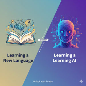 Split image showing an open book and brain icon labeled "Learning a New Language" on the left, and a blue AI face labeled "Learning a Learning AI" on the right, with "Synergy" between them.