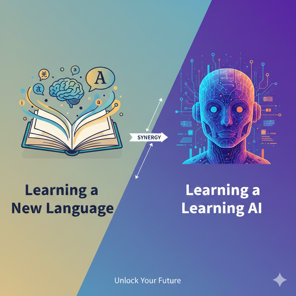 Split image showing an open book and brain icon labeled "Learning a New Language" on the left, and a blue AI face labeled "Learning a Learning AI" on the right, with "Synergy" between them.