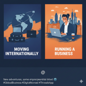 A split illustration shows luggage and a globe labeled "International Relocation" on the left, and a person working on a laptop labeled "Running a Business" on the right.