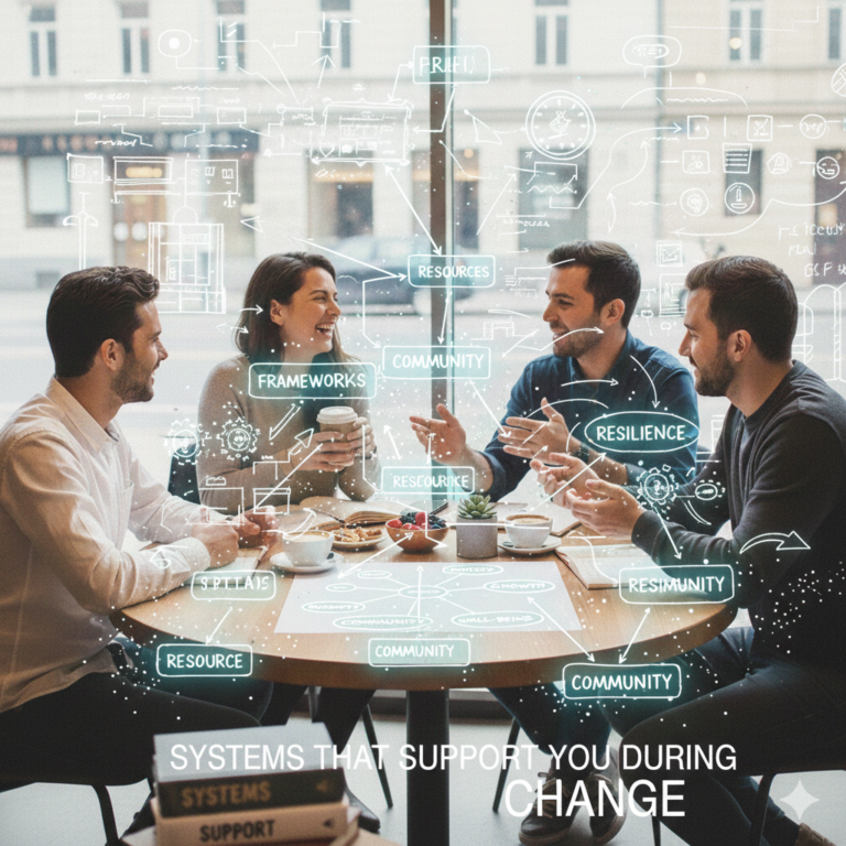 Four people sit around a café table, discussing and smiling, as digital graphics overlay words like "frameworks," "resources," and "support systems," highlighting the power of connection and systems that support you.
