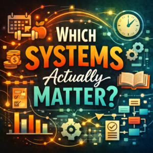 Colorful graphic with icons of clocks, books, graphs, and gears, featuring the main text: "Which Systems Actually Matter?" in bold letters—highlighting important systems in a visually engaging way.