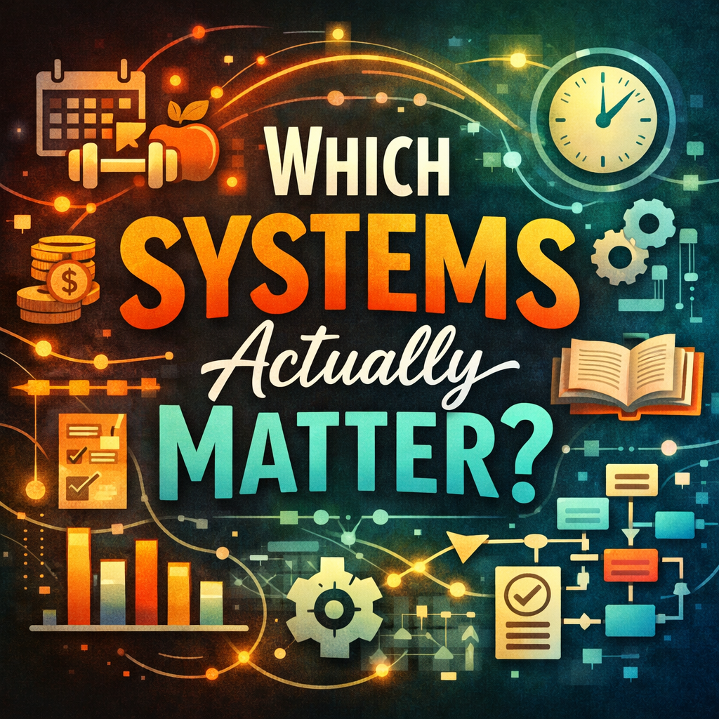 Colorful graphic with icons of clocks, books, graphs, and gears, featuring the main text: "Which Systems Actually Matter?" in bold letters—highlighting important systems in a visually engaging way.