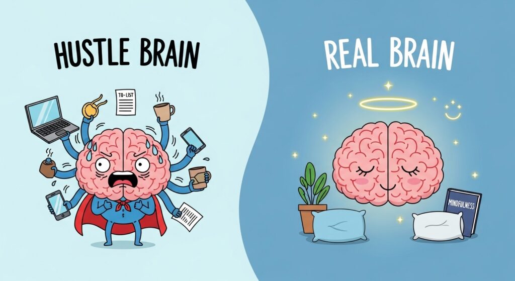Illustration contrasts a stressed "hustle brain" juggling tasks and gadgets on the left, with a calm "real brain"—embracing productivity tips—resting between two pillows with plants and books on the right.