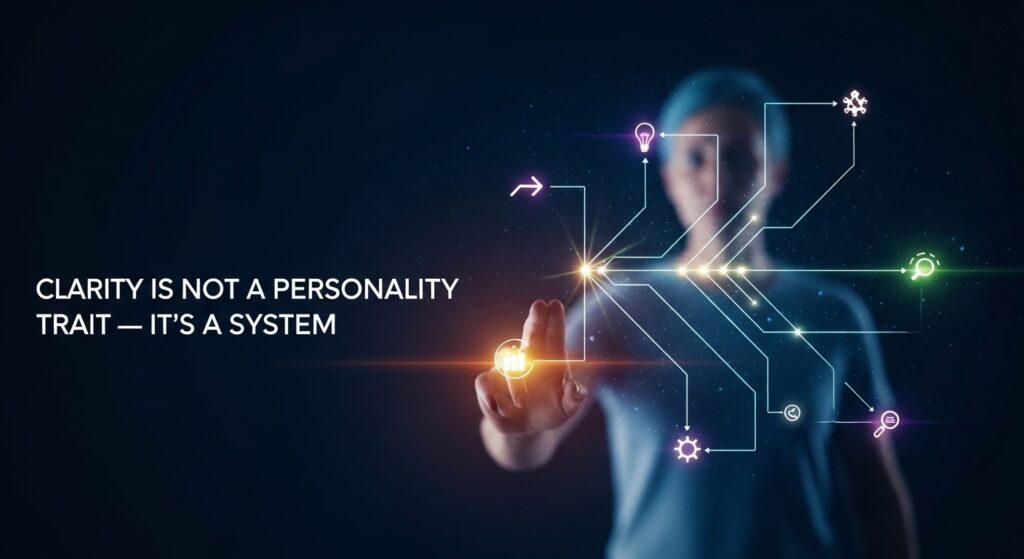 A person interacts with a virtual interface displaying connected icons, alongside the text "Clarity is not a personality trait—it's a system designed for better understanding.