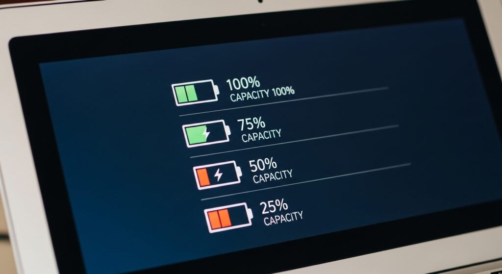 A digital screen displays battery icons with different charge levels—100%, 75%, 50%, and 25% capacity—each with colored indicators, symbolizing willpower and the drive for sustainable growth.