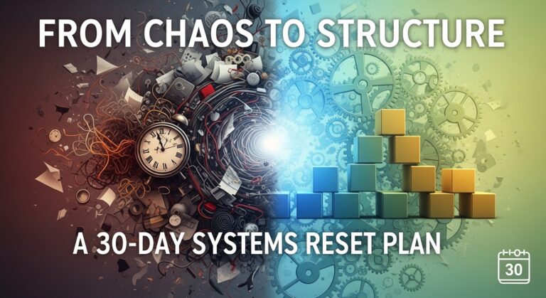 A split image shows chaos with tangled wires and a clock on the left, and organized gears and steps on the right. Text: "From Chaos to Structure: Achieve order with our 30-day plan for a complete systems reset.