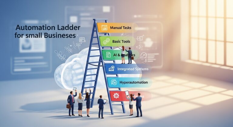 Businesspeople stand near a large automation ladder labeled with stages: Manual Tasks, Basic Tools, AI & Analytics, Integrated Systems, Hyperautomation, and Autonomous—illustrating the journey of small business automation.