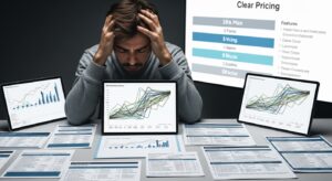 A man sits at a desk with his head in his hands, surrounded by financial charts, graphs, and documents, overwhelmed by decision fatigue as a pricing strategy presentation offering pricing clarity is displayed behind him.