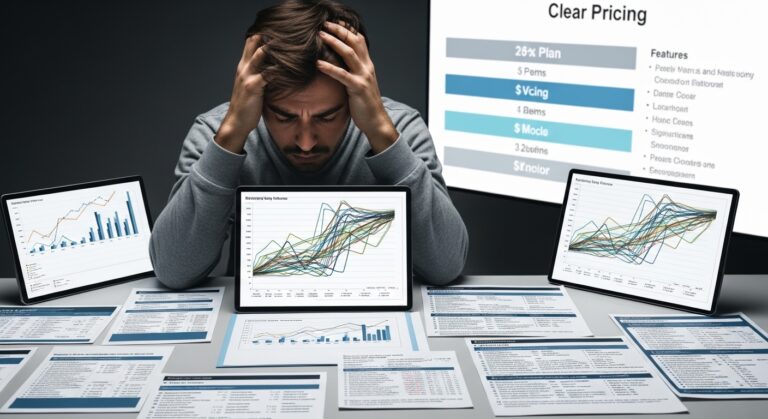 A man sits at a desk with his head in his hands, surrounded by financial charts, graphs, and documents, overwhelmed by decision fatigue as a pricing strategy presentation offering pricing clarity is displayed behind him.