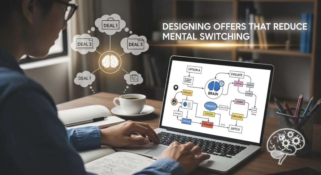 Person working on a laptop with a flowchart diagram on screen; text reads "offers design to reduce mental switching" with illustrated deal icons and brain graphics.