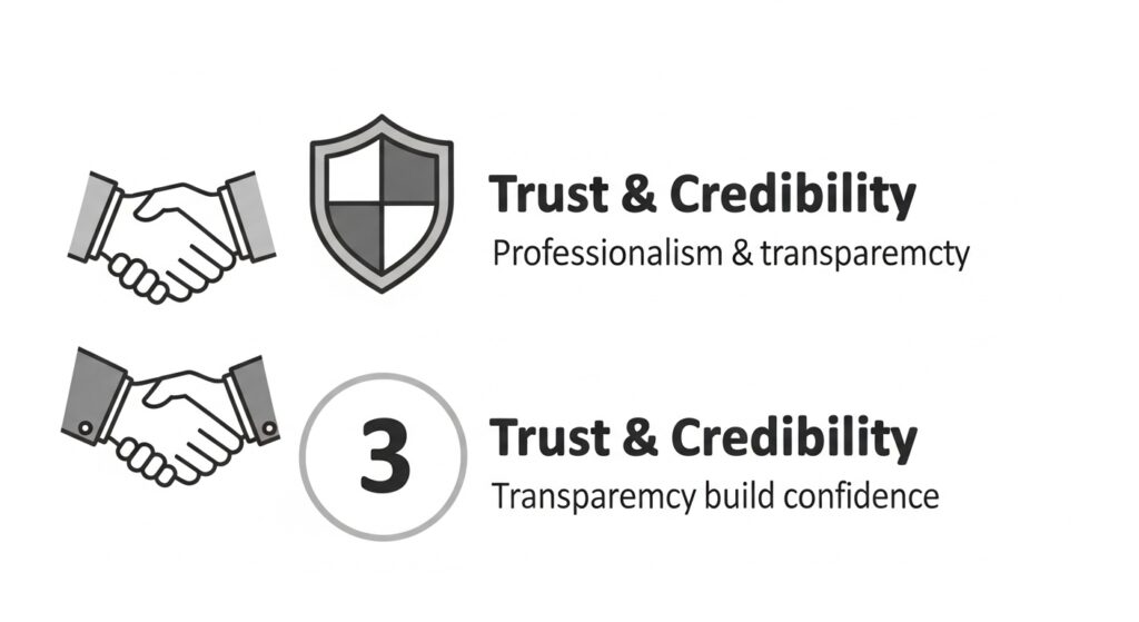 Two sections each show a handshake icon, shield, or number 3, with the text "Trust & Credibility" and phrases about professionalism, transparency, and building confidence on clear service pages to help increase conversions.