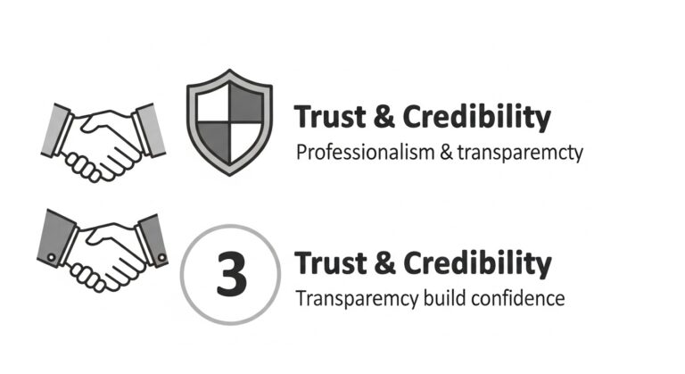 Two sections each show a handshake icon, shield, or number 3, with the text "Trust & Credibility" and phrases about professionalism, transparency, and building confidence on clear service pages to help increase conversions.