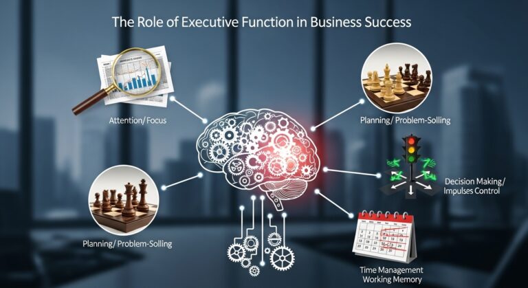 Diagram of a brain illustrating executive function in business: attention/focus, planning/problem-solving, decision making/impulse control, and time management/working memory—all vital for business success.