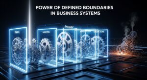 Four labeled business system panels—Finance, Marketing, Operations—display large interlocking gears; sparks fly from gears outside the defined boundaries. Text reads “Power of Defined Boundaries in Business Systems.”.