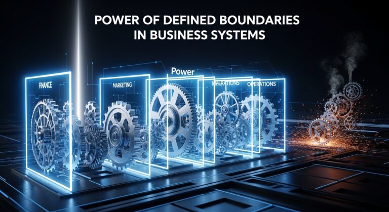 Four labeled business system panels—Finance, Marketing, Operations—display large interlocking gears; sparks fly from gears outside the defined boundaries. Text reads “Power of Defined Boundaries in Business Systems.”.