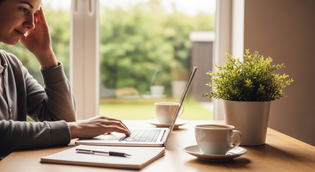A person sits at a table using a laptop next to a notebook, pen, coffee cups, and a potted plant, working to boost business productivity while enjoying greenery outside the window.