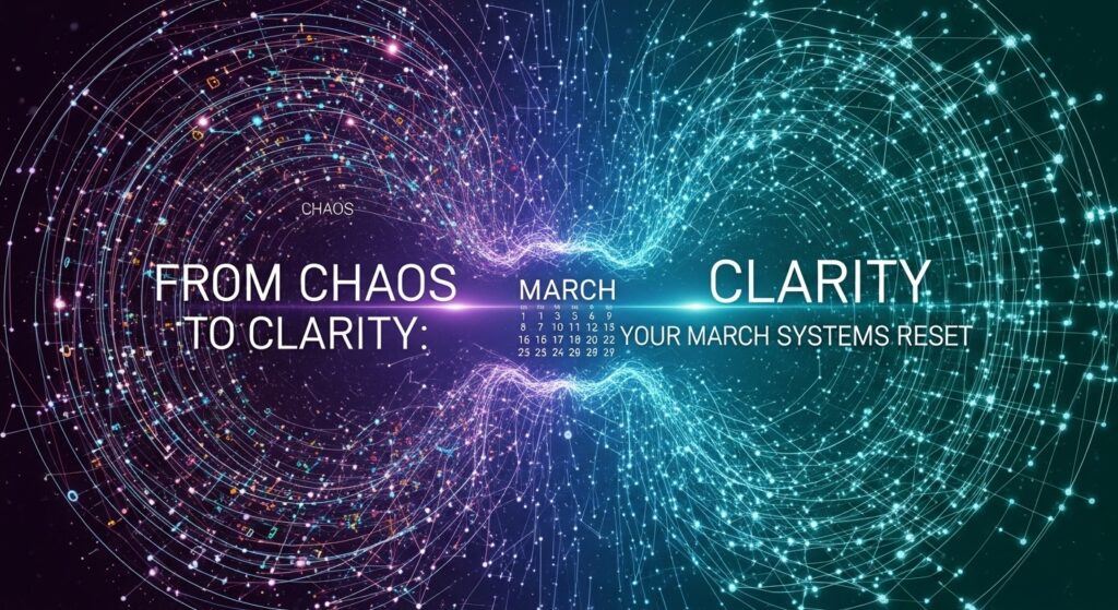Digital artwork showing chaotic data on the left merging into organized networks on the right, with "From Chaos to Clarity" and a March systems reset calendar in the center.