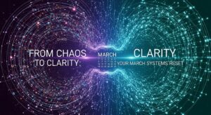 Digital artwork showing chaotic data on the left merging into organized networks on the right, with "From Chaos to Clarity" and a March systems reset calendar in the center.