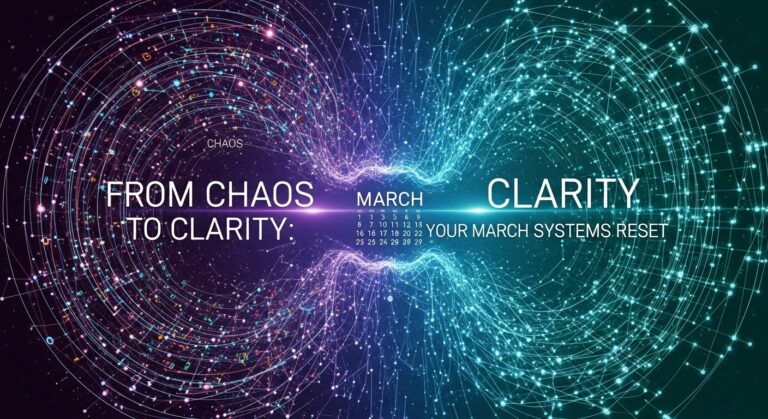 Digital artwork showing chaotic data on the left merging into organized networks on the right, with "From Chaos to Clarity" and a March systems reset calendar in the center.