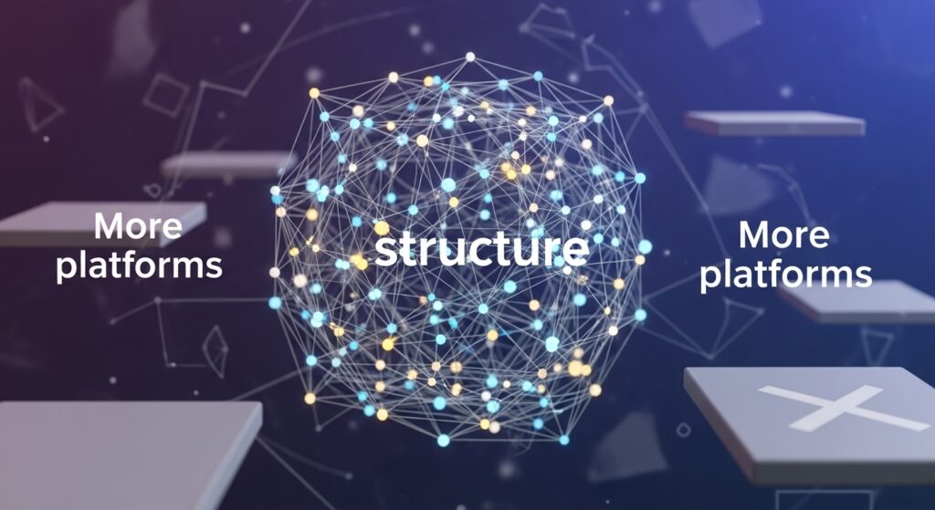 A digital sphere made of interconnected nodes with the phrase "structure improvement" at the center, flanked by the words "More platforms" on both sides.