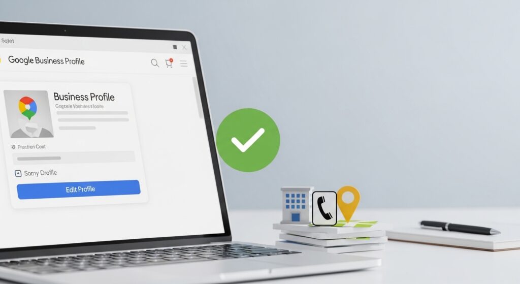 A laptop displays a Google Business Profile page alongside small business-themed icons and a green checkmark, illustrating the successful setup process designed to support overwhelmed owners.