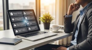 An entrepreneur sits at a desk with a laptop displaying task icons and text—using AI prompts to fight decision fatigue—next to a cup of coffee and a potted plant, in a well-lit office setting.