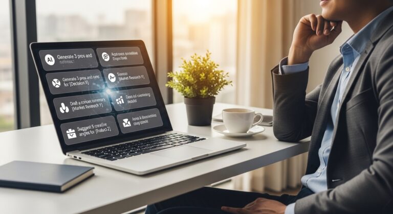 An entrepreneur sits at a desk with a laptop displaying task icons and text—using AI prompts to fight decision fatigue—next to a cup of coffee and a potted plant, in a well-lit office setting.