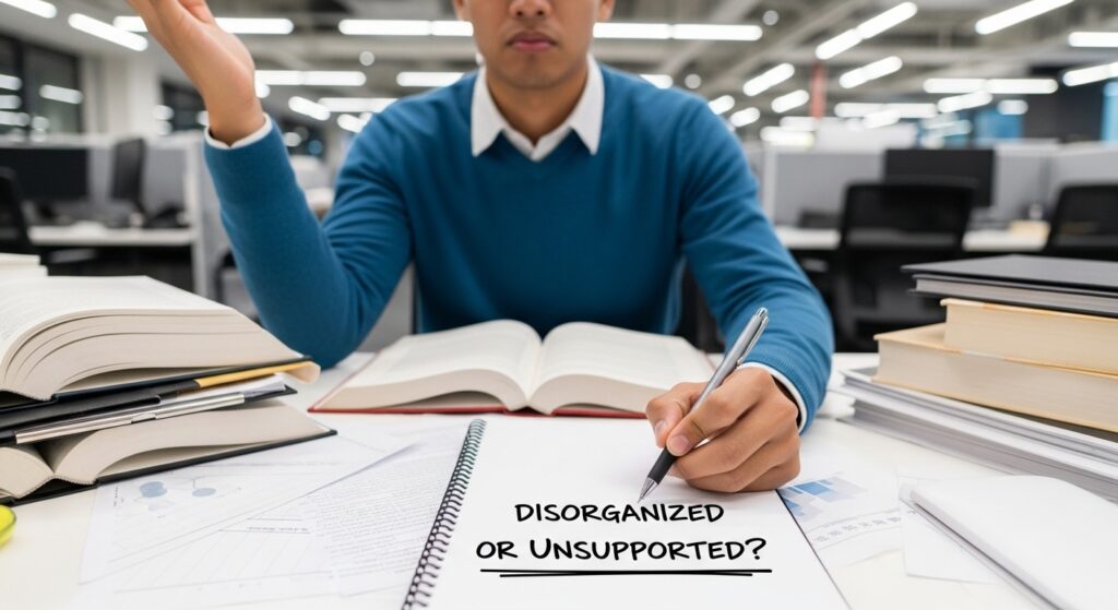A person sitting at a desk covered with open books and papers, looking disorganized, holds a pen, with the words "Disorganized or Unsupported?" written on a notebook.