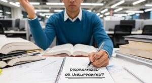 A person sitting at a desk covered with open books and papers, looking disorganized, holds a pen, with the words "Disorganized or Unsupported?" written on a notebook.