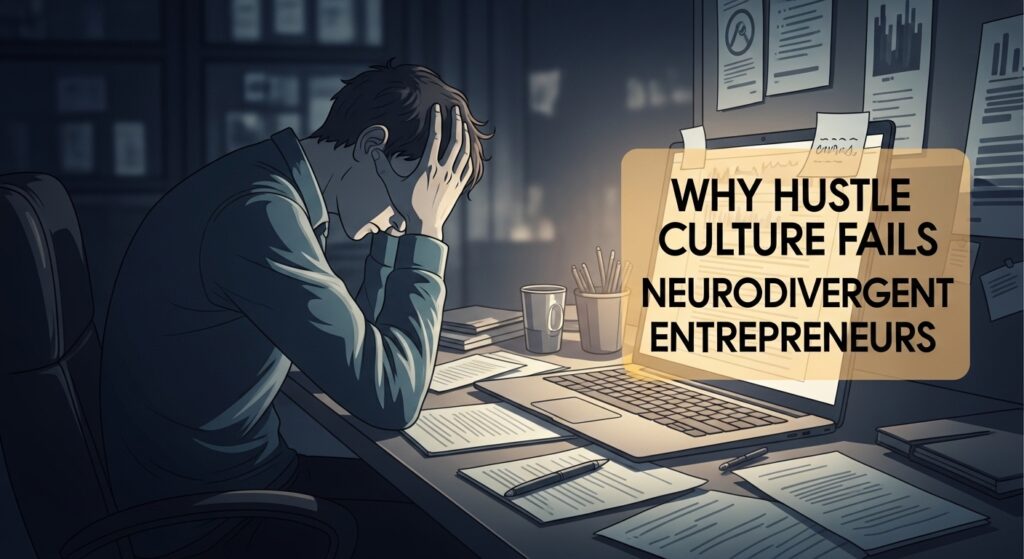 A person sits at a cluttered desk holding their head in frustration, with a computer screen displaying the text: "Why Hustle Culture Fails Neurodivergent Entrepreneurs," highlighting the challenges of hustle culture in entrepreneurship.