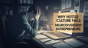 A person sits at a cluttered desk holding their head in frustration, with a computer screen displaying the text: "Why Hustle Culture Fails Neurodivergent Entrepreneurs," highlighting the challenges of hustle culture in entrepreneurship.