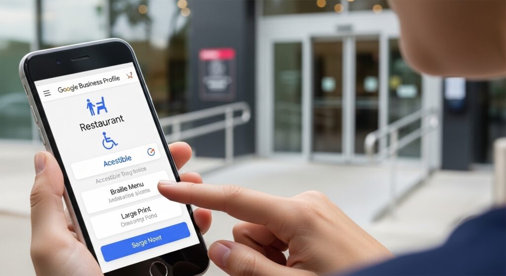 A person uses a smartphone and the Accessibility Tool on Google Business Profiles to check for braille and large print menus at a restaurant before entering a building with a ramp.