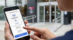 A person uses a smartphone and the Accessibility Tool on Google Business Profiles to check for braille and large print menus at a restaurant before entering a building with a ramp.