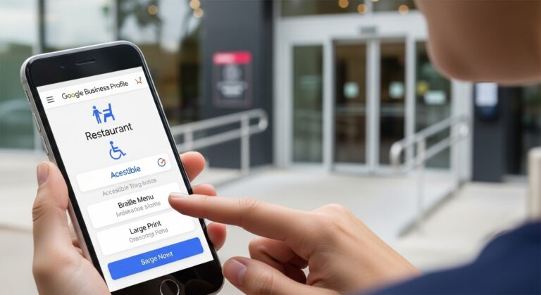 A person uses a smartphone and the Accessibility Tool on Google Business Profiles to check for braille and large print menus at a restaurant before entering a building with a ramp.