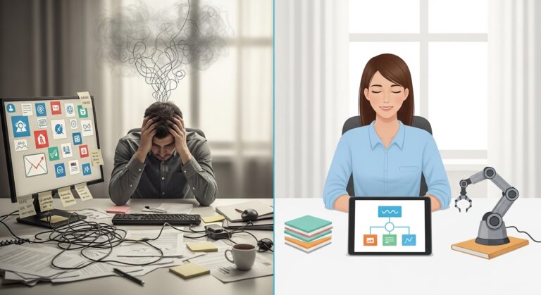 A split image shows a stressed person at a cluttered desk on the left and a calm, productive person with a tablet and robotic arm at an organized desk on the right, highlighting the power of automation tips to boost productivity.