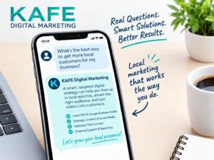 A smartphone on a desk displays a chat with KAFE Digital Marketing about local SEO services and AI consulting, framed by the company logo and marketing slogans.