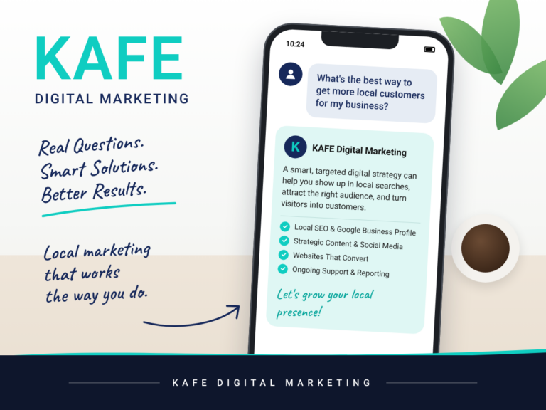 KAFE Digital Marketing ad showing a smartphone screen with a chat conversation about local business SEO and AI search strategies.